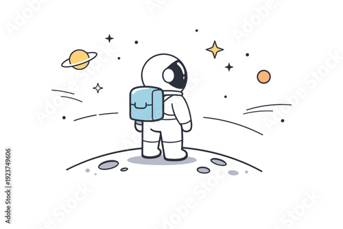 Astronaut on the moon. A simple astronaut figure standing on the moon and looking at the horizon, expressing exploration and calm curiosity.