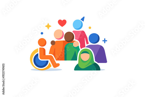 Diversity and inclusion abstract human icons arranged in harmony despite differences, expressing acceptance, representation, and social balance. Minimalist