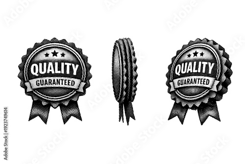 Dotted halftone quality seal A quality-mark badge seal with layered circular rings depicted in front view, side view, and three-quarter view as a single object