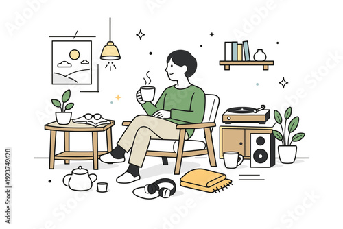 Simple living without poverty aesthetics. A calm everyday scene with a person enjoying a tidy, light-filled space and a few quality objects.