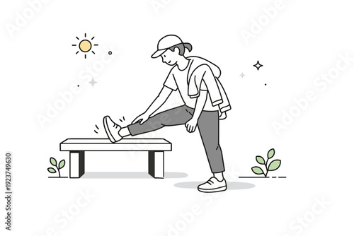 Outdoor stretching casually. A person stretches legs against a low wall or bench, jacket draped loosely. Everyday movement without athletic