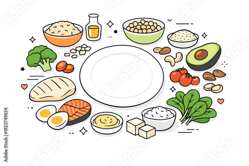 Balanced meal prep ingredients. A flat editorial composition of grains, vegetables, proteins, and greens arranged around a central plate. The