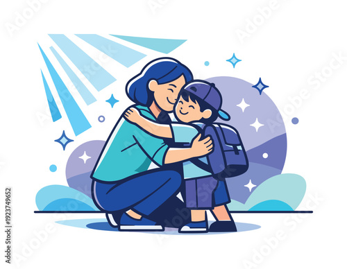 Morning goodbye hug. A parent hugs a child before school, sun rays and small stars floating