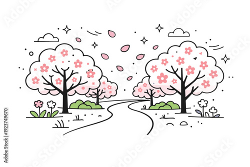 spring blossoms pathway. A walkway lined with blossoming trees, abstract floating petals and subtle stars, calm and inviting spring atmosphere. Minimalist flat