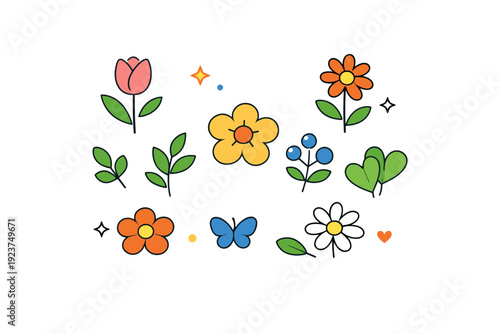 Spring flat lay botanical mood with flowers and leaves carefully spaced to create a calm editorial composition, reflecting balance, order and gentle seasonal