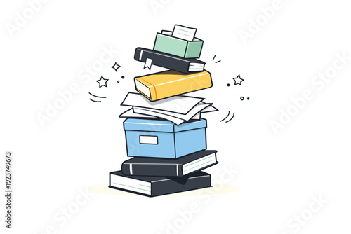 Stacks slightly leaning. Abstract editorial composition with stacked shapes?books, boxes, papers?each rotated slightly off-axis. Visual