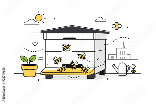 City rooftop hive detail. A close-up view of a beehive box with bees calmly entering and leaving, expressing sustainable urban agriculture. Minimal