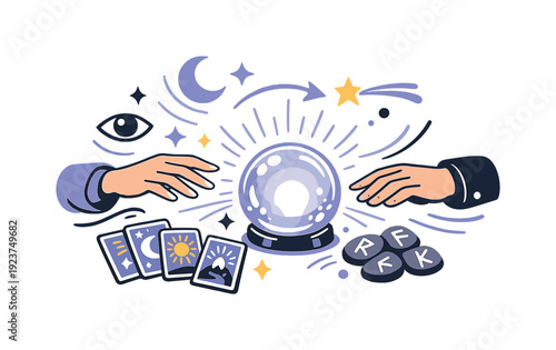 Reading the future. Hands hovering over tarot cards and runes, crystal ball glowing softly