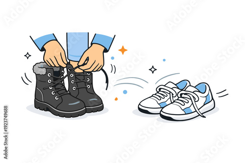 Switching winter shoes to sneakers. A close-up of hands unlacing winter boots while sneakers wait nearby. Transitional pause, tactile