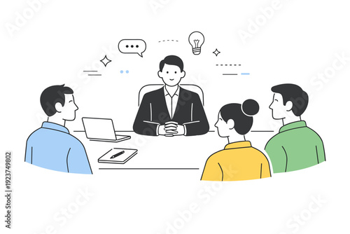 Calm Leadership. Non-verbal authority. A meeting scene where one person remains seated and composed, while colleagues pause and look toward them for direction.