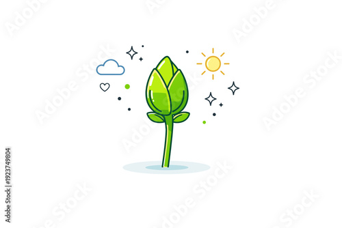 First green buds close-ups as a symbol of growth. A single bud centered in the composition, gently glowing with life. Visual metaphor for