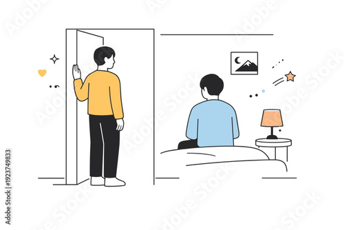 Unsaid moments. A person standing in a doorway, looking into a room where another figure has their back turned. Subtle distance and emotional