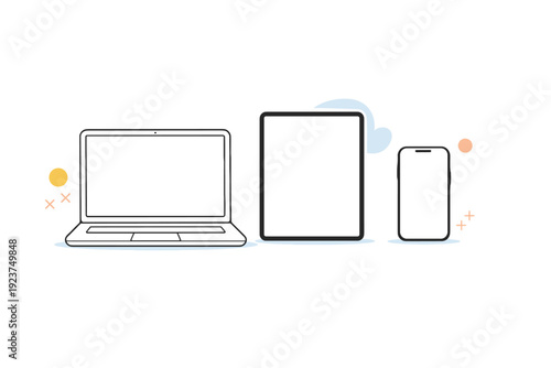 Minimal product mockup scene. A laptop, tablet, and phone displayed in a clean, balanced composition with subtle abstract accents. Neutral