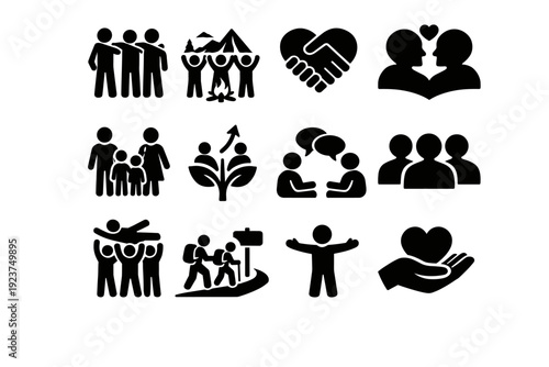 Human Bonding. Solid icon set of Human Bonding: linked arms, shared experience, heart handshake, connected souls, family moment, relationship growth, deep