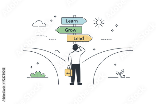 Career growth. Person standing at a crossroads with signposts like learn, grow, lead, calm scene about choosing professional direction. Minimalist flat vector