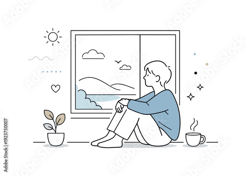 Person sitting by the window, looking out at a peaceful landscape with a cup of coffee