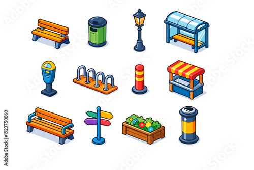 Street furniture. Colorful isometric vector icons set of Street furniture: city bench, trash can, street light, bus shelter, parking meter, bike rack, bollard