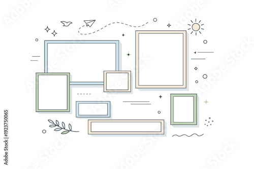 Creative collage background. Empty frames of different sizes arranged dynamically with subtle decorative accents. Freedom, inspiration, and