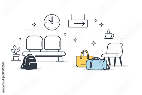 Bags resting on floors in public spaces. Personal bags lie near benches or seats, marking temporary presence without urgency. Calm sense of waiting and