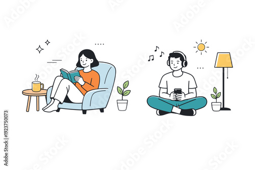 Gentle positive atmosphere. Two people sharing the same space without interaction, both relaxed and unhurried. Quiet sense of reassurance and