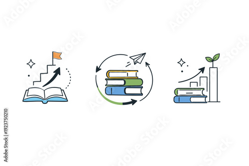 Future skills icons learning. Visual symbols for lifelong learning, adaptability, and growth using books, arrows, and progress shapes. Positive, motivating