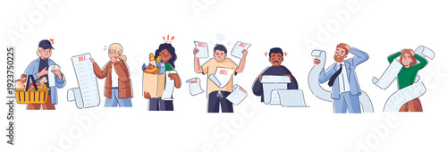 Stressed and emotional people holding giant unpaid bills, invoices and grocery receipts isolated set