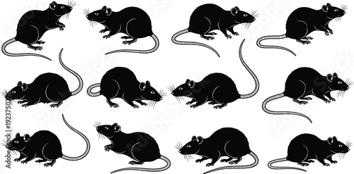 Black rat and mouse silhouette vector illustration collection, rodent animal pest set isolated on white background, wildlife nature element for graphic design.