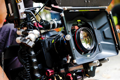 Behind the scenes of a movie. Film crew working in a studio