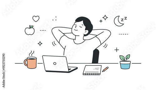 Health without fitness culture. Desk scene with a person pausing work to relax shoulders and neck. Listening to body signals and allowing