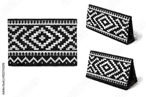 Ethnic Textile Swatch. Ethnic textile pattern swatch. A rectangular ethnic textile pattern swatch with woven-style motifs is shown from three different angles: