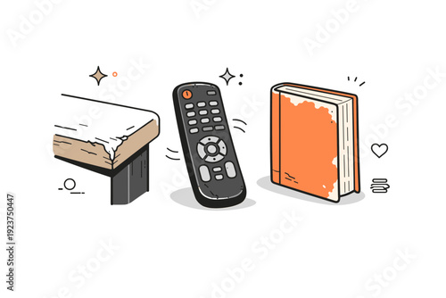 Things not replaced. Abstract composition of aged objects?scuffed corner of a table, worn remote, faded book spine?arranged with care. Embracing the utility