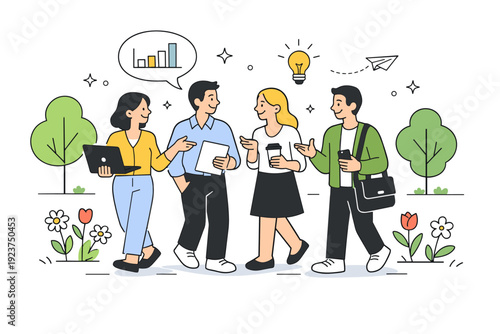 People balancing work and spring life. A small group mixing conversation about work with a relaxed walk among trees and flowers. The mood is social, light, and