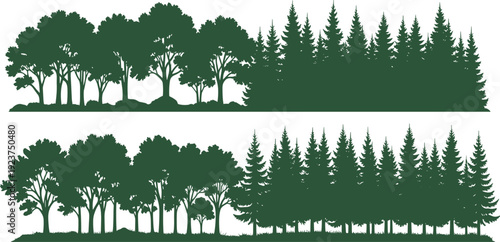 Green forest tree line silhouette vector illustration, pine and oak woodland border isolated on white background, nature outdoor landscape design.