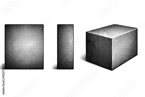 Dense chequered halftone grid surface object shown in three views including front view, side view, and angled view focusing on tight square