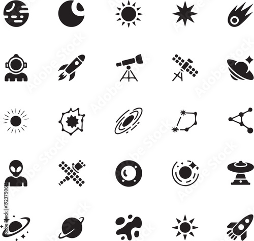 black and white icons of space objects and symbols