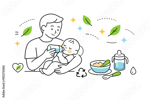sustainable baby feeding. A parent feeding a baby with reusable utensils and bottles, abstract floating leaves and stars