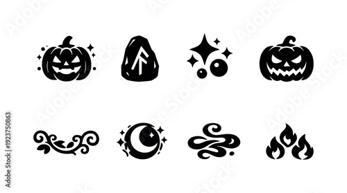 Fantasy pumpkins glowing. Filled icon set of Fantasy pumpkins glowing: glowing pumpkin,