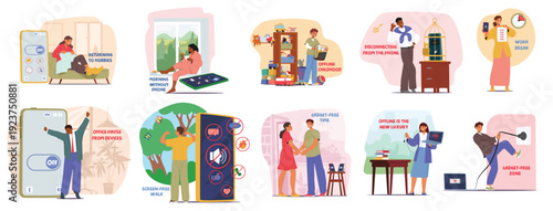 People developing mindful technology habits disconnecting from digital world cartoon scene set