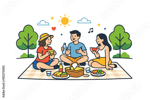 Picnics in the park highlighting social connection and shared meals under open skies. A friendly editorial scene with simplified people