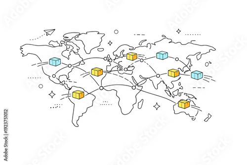 Global delivery networks. A world map with simplified continents connected by thin lines and nodes, showing packages moving smoothly between