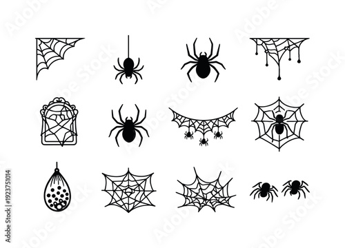 Spider and cobweb decor. Line outline icon set of spider and cobweb decor: spider web corner