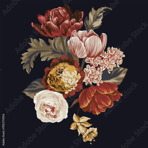 Dark academia floral print for graphic design. Natural flower art.
Print template. Vector fabric print. Modern vector illustration.
Trendy vector floral print.
