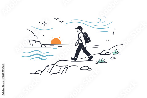 Exploring coastal cliffs. A simple editorial scene of a person walking along uneven terrain with wind and sea suggested by abstract lines.