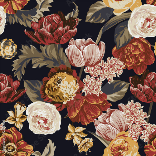 Dark academia floral background for fabric design. Natural abstract art. Pattern, print template. Vector fabric seamless pattern. Modern vector wallpaper. Trendy seamless vector floral pattern.