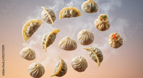 Assorted dumplings floating with steam in a gradient background, showcasing various shapes and fillings.