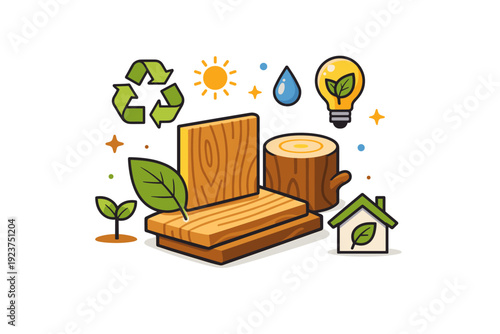 Wooden accents expressing sustainable style through natural wood surfaces combined with simple eco symbols. A modern editorial concept of conscious material