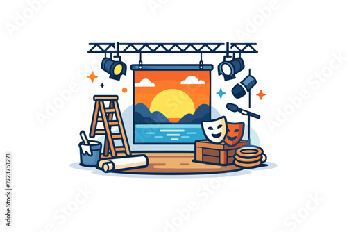 A theater set being built with props, backdrops, and lighting portraying the quiet moment before the curtain rises. A symbolic stage vignette