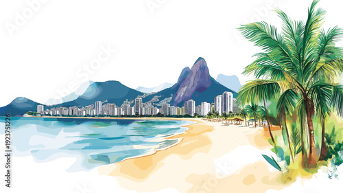 Ipanema Beach. Ipanema Beach hand drawn watercolor illustration