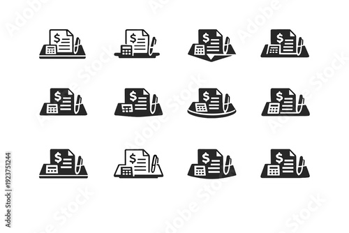 Bank statement on desk. Icon set. Set Logo of Bank statement on desk: desk surface with document layout. harmonious logo variations of the