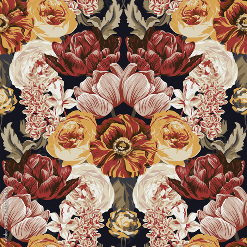 Dark academia floral background for fabric design. Natural abstract art. Pattern, print template. Vector fabric seamless pattern. Modern vector wallpaper. Trendy seamless vector floral pattern.